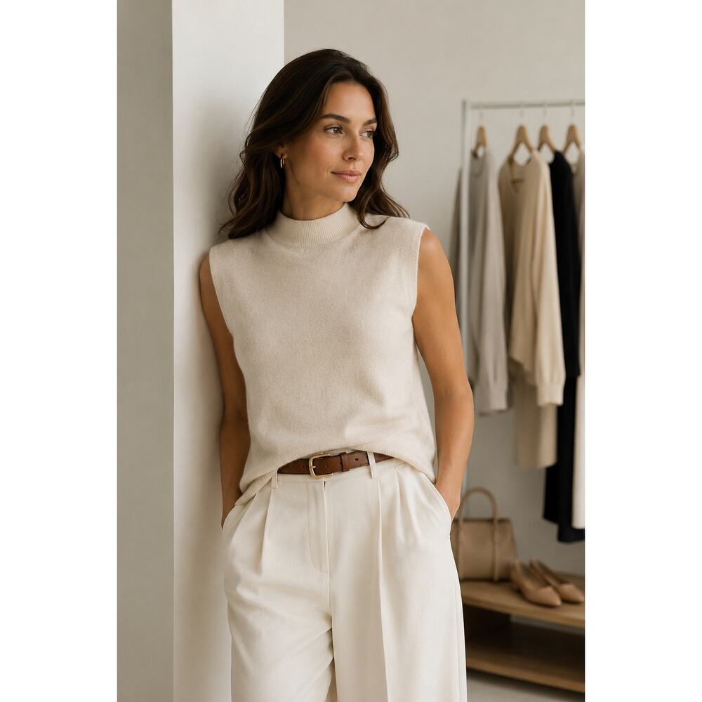 Banana Republic 100% Cashmere Cream Mock Neck Sleeveless Sweater Top XL